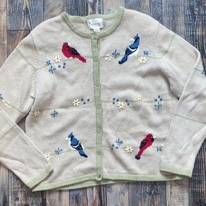 Vintage Christopher & Banks Beige Cardigan with Hand Embroidered Birds